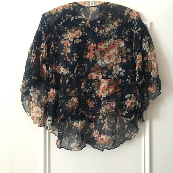 Zara navy floral semi-sheer cape blouse XS - Picture 7 of 12
